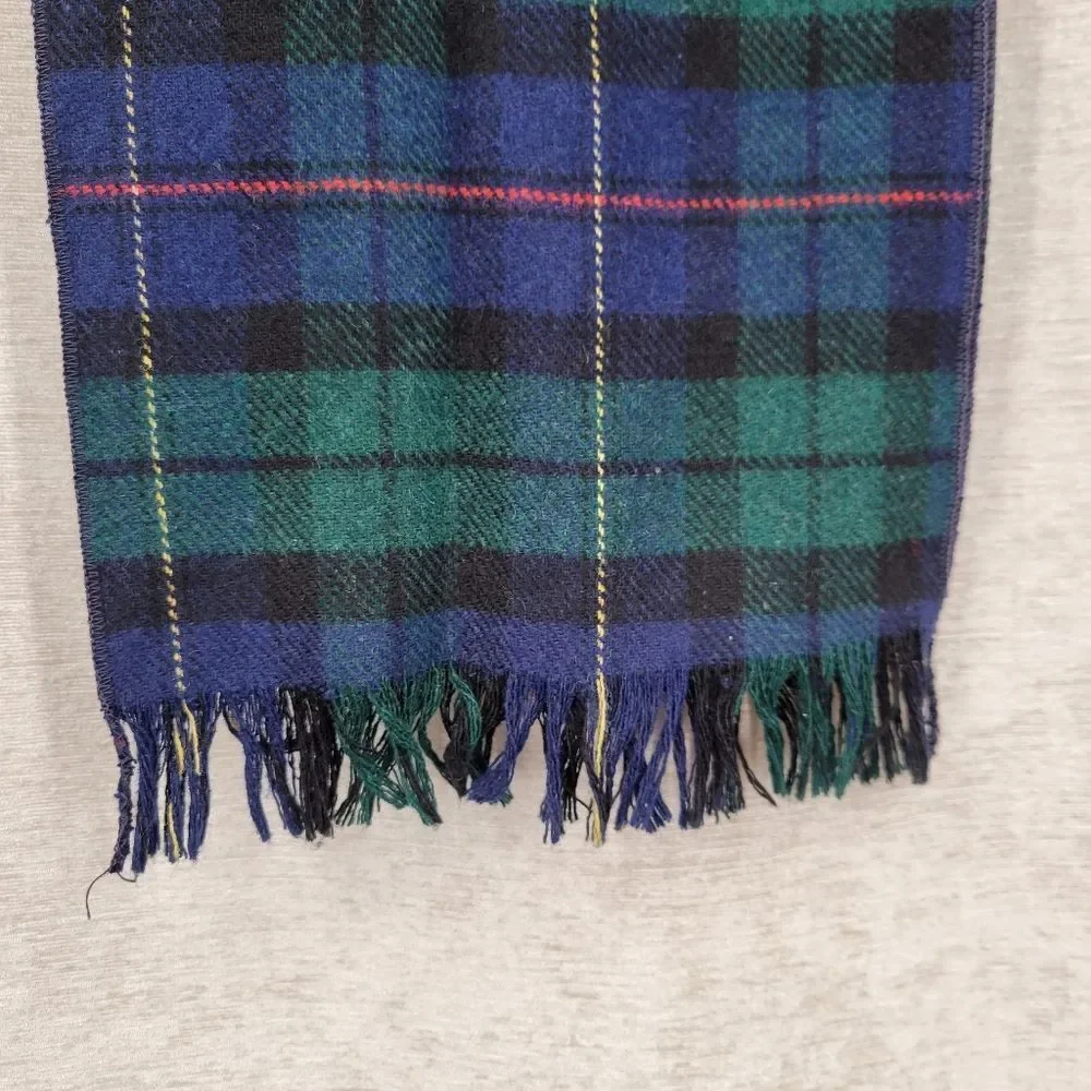 Vintage Wool Tartan Plaid Navy Blue and Green Scarf with Short Fringe